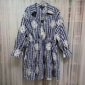 GRACIA | Navy Gingham Embroidered Tiered Shirt Dress - NWT Size XL Preppy